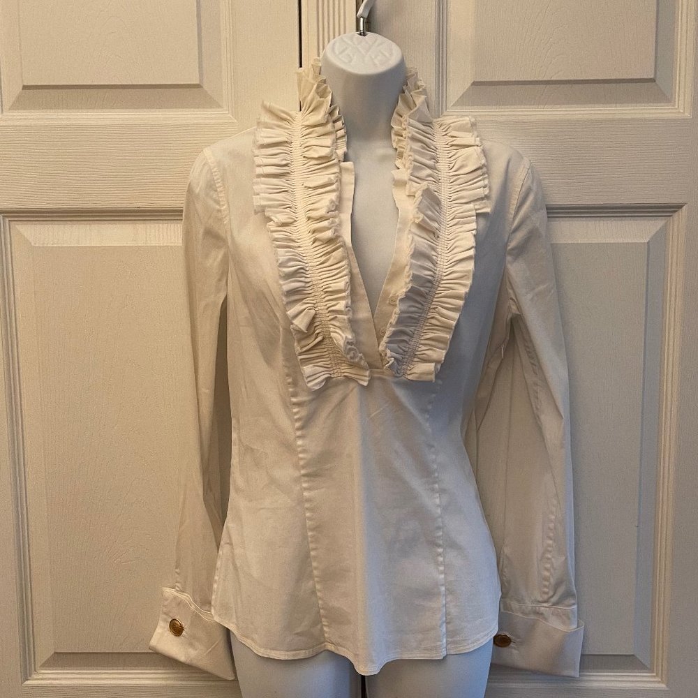 BCBG Maxazria White Ruffle Long Sleeve Blouse Top with Removable Cuff Links S